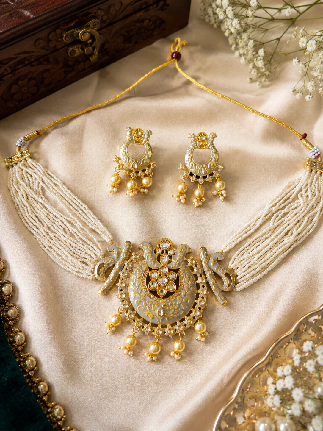 Kundan Necklace Set With Earrings - Grey