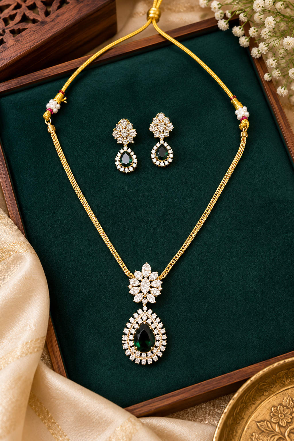 Beautiful Necklace Set With Earrings - Green