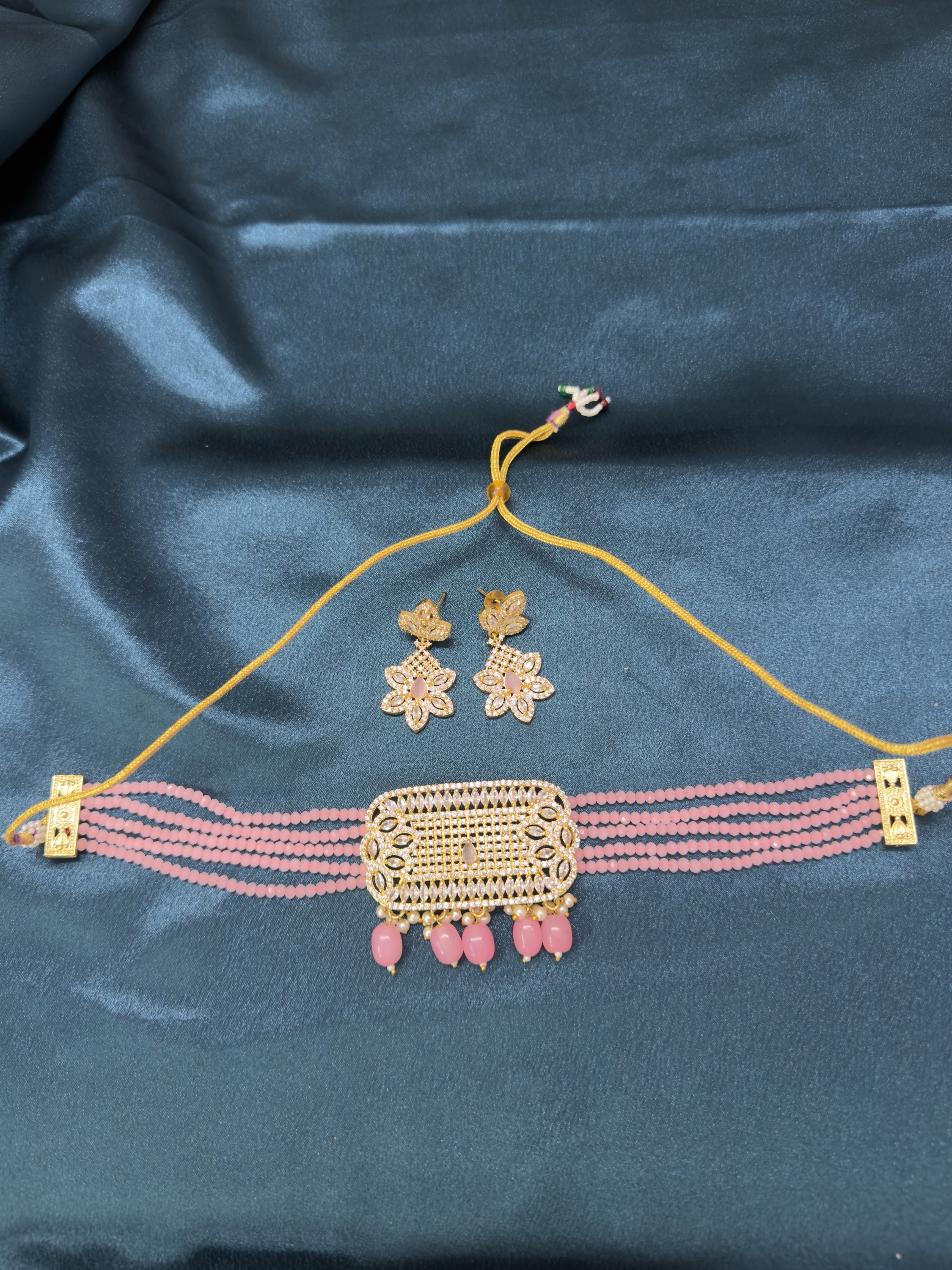 Baby Pink AD Necklace Set With Crystal Mala With Earrings