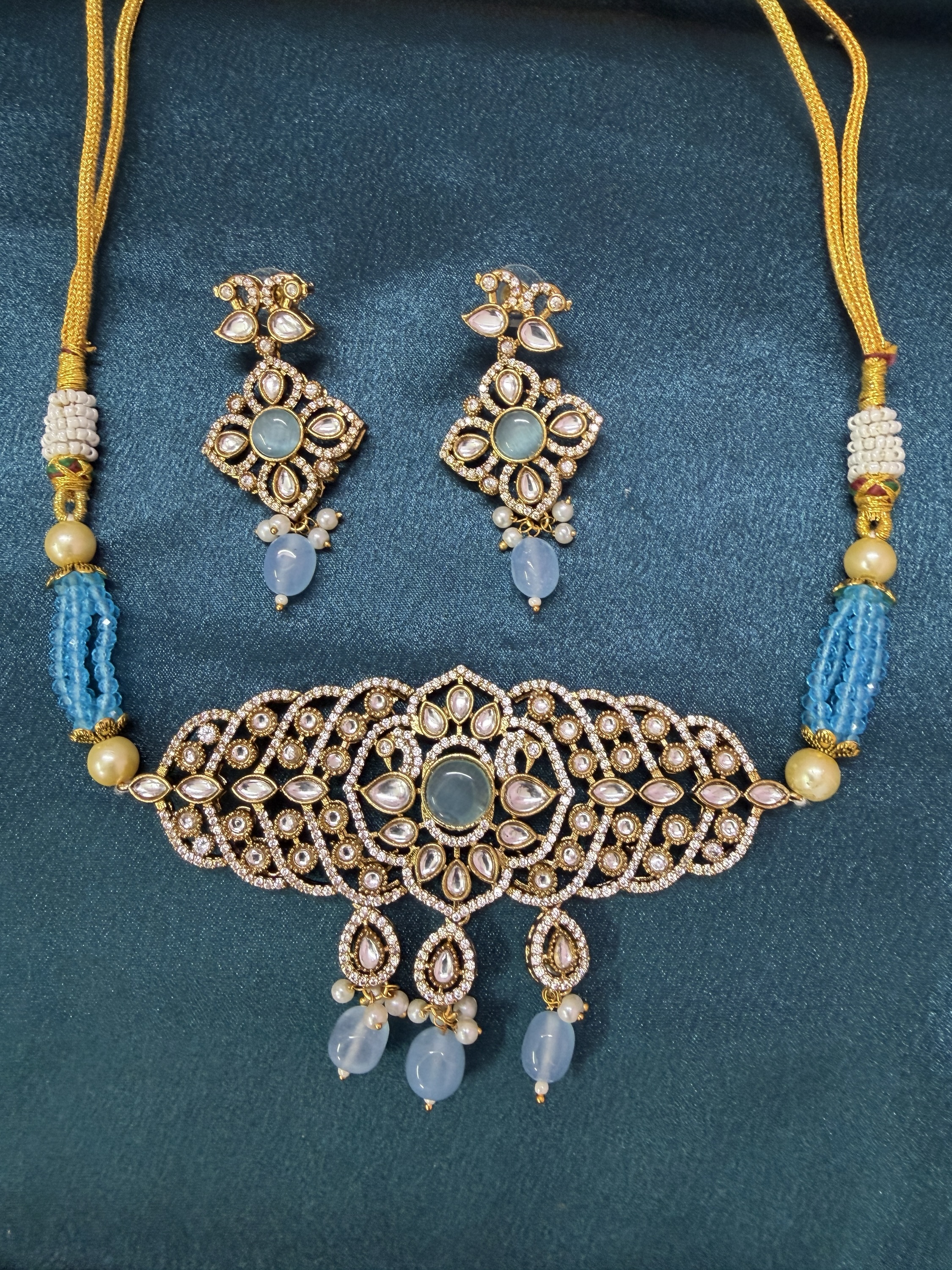 AD Kundan Necklace Set With Earrings -Sky Blue
