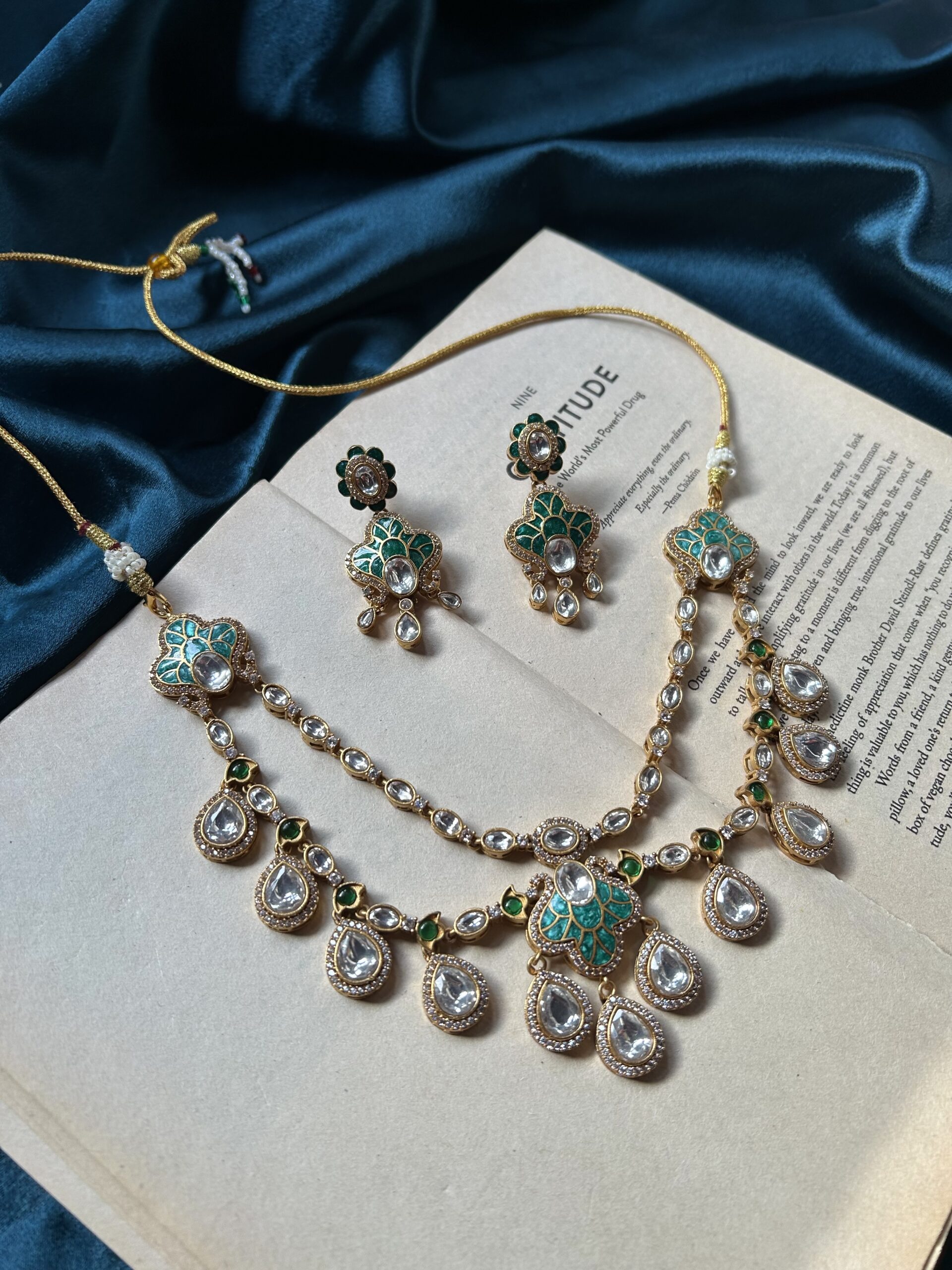 Italian Meena With Polki Necklace Set With earrings – Sea Green