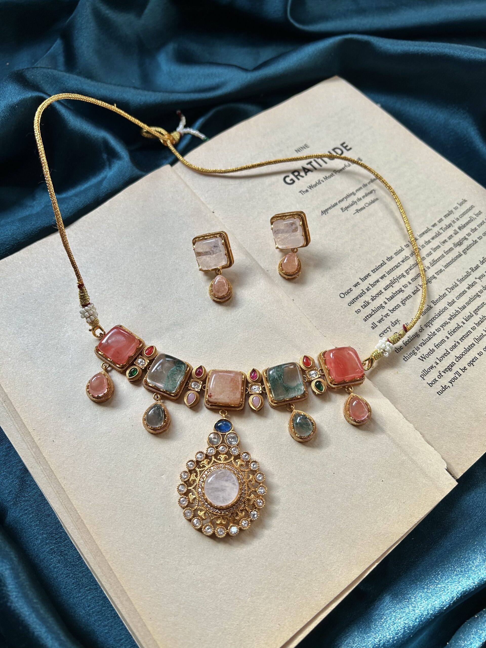 Real Gemstone With Polki Necklace Set With earrings – Multi