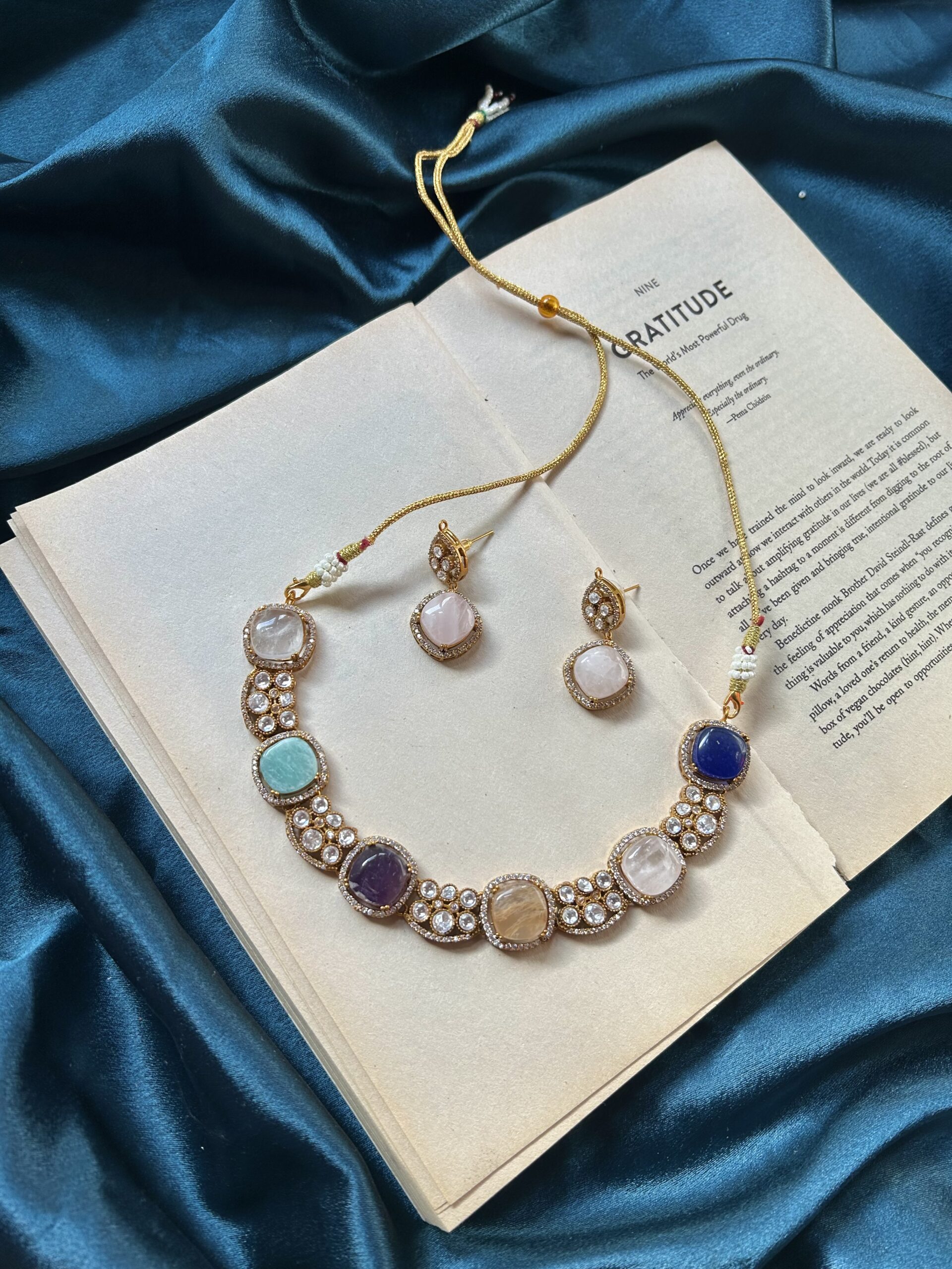 Real Gemstone With Moissanite Necklace Set With earrings – Multi