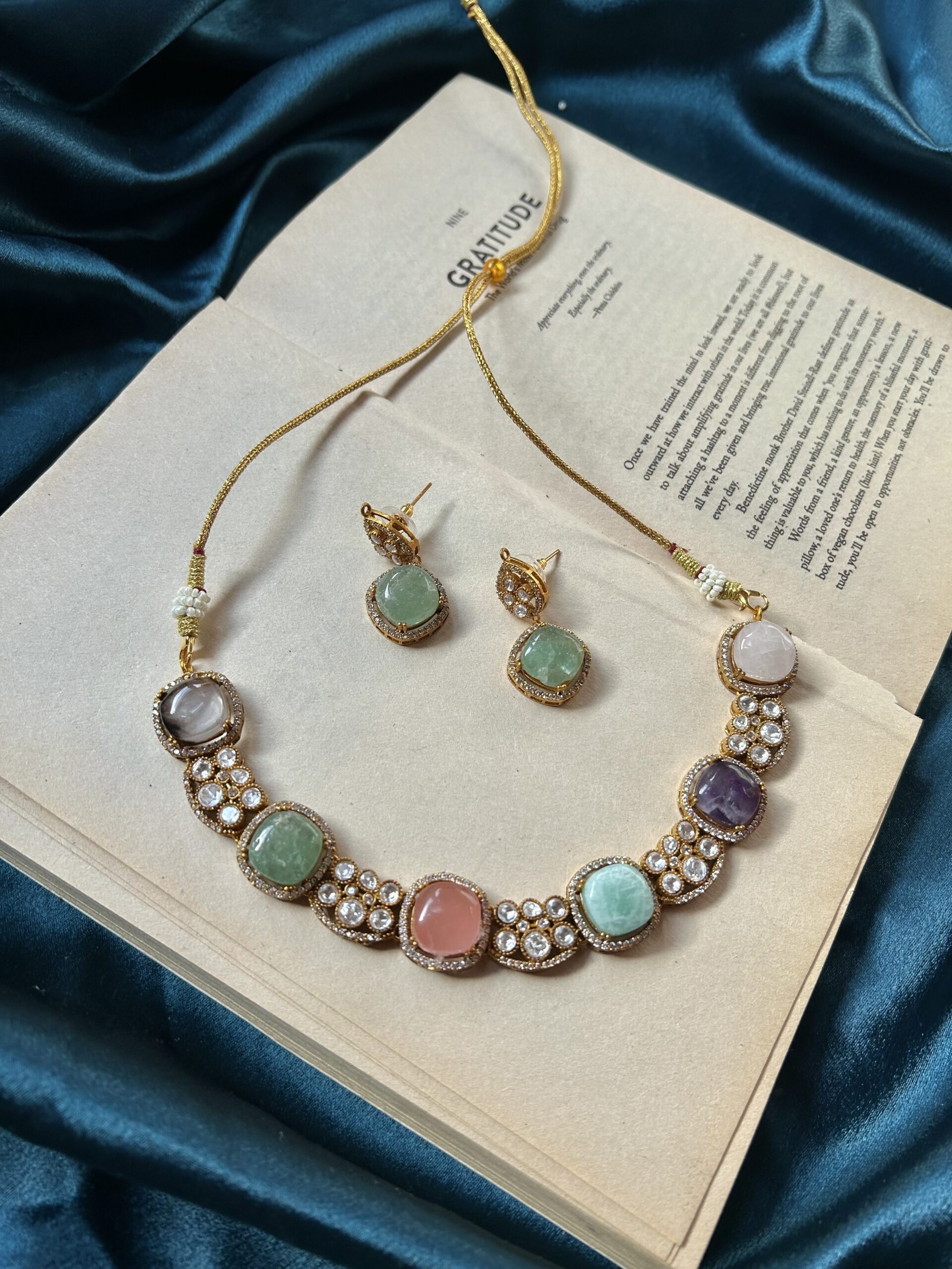 Real Gemstone With Moissanite Necklace Set With earrings – Multi