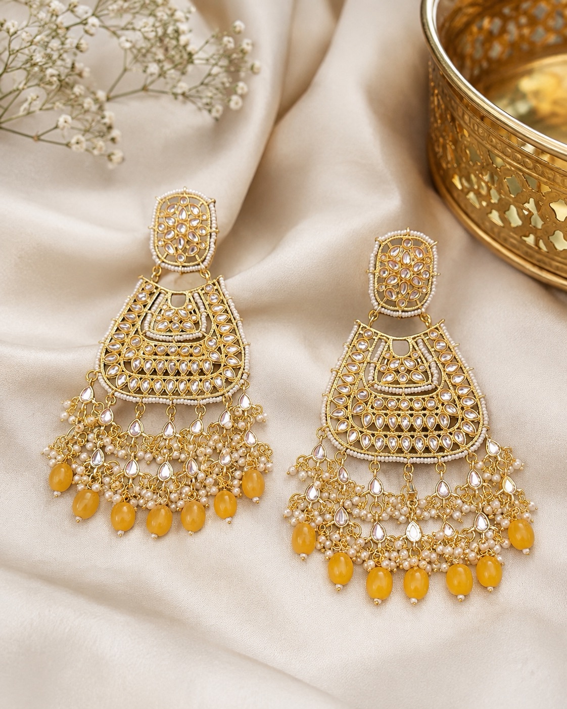 Statement Kundan Big Earrings – Yellow