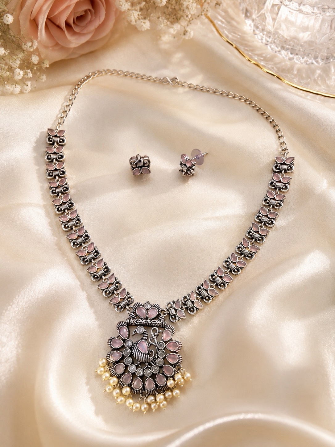 Silver Replica Necklace Set With Earrings – Pink