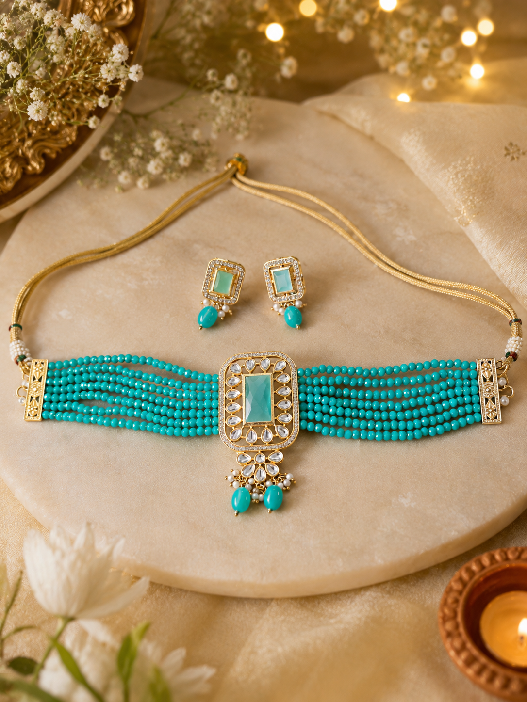 Crystal Mala Necklace Set With Earrings