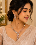 AD and Moissanite Tie Necklace Set With earrings - Pink - Image 2