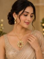 Long Matar Chain With Polki Kundan Pendant with earrings - Ruby - Image 3