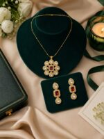 Long Matar Chain With Polki Kundan Pendant with earrings - Ruby - Image 2