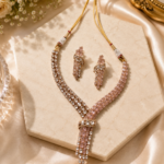 AD and Moissanite Tie Necklace Set With earrings - Pink