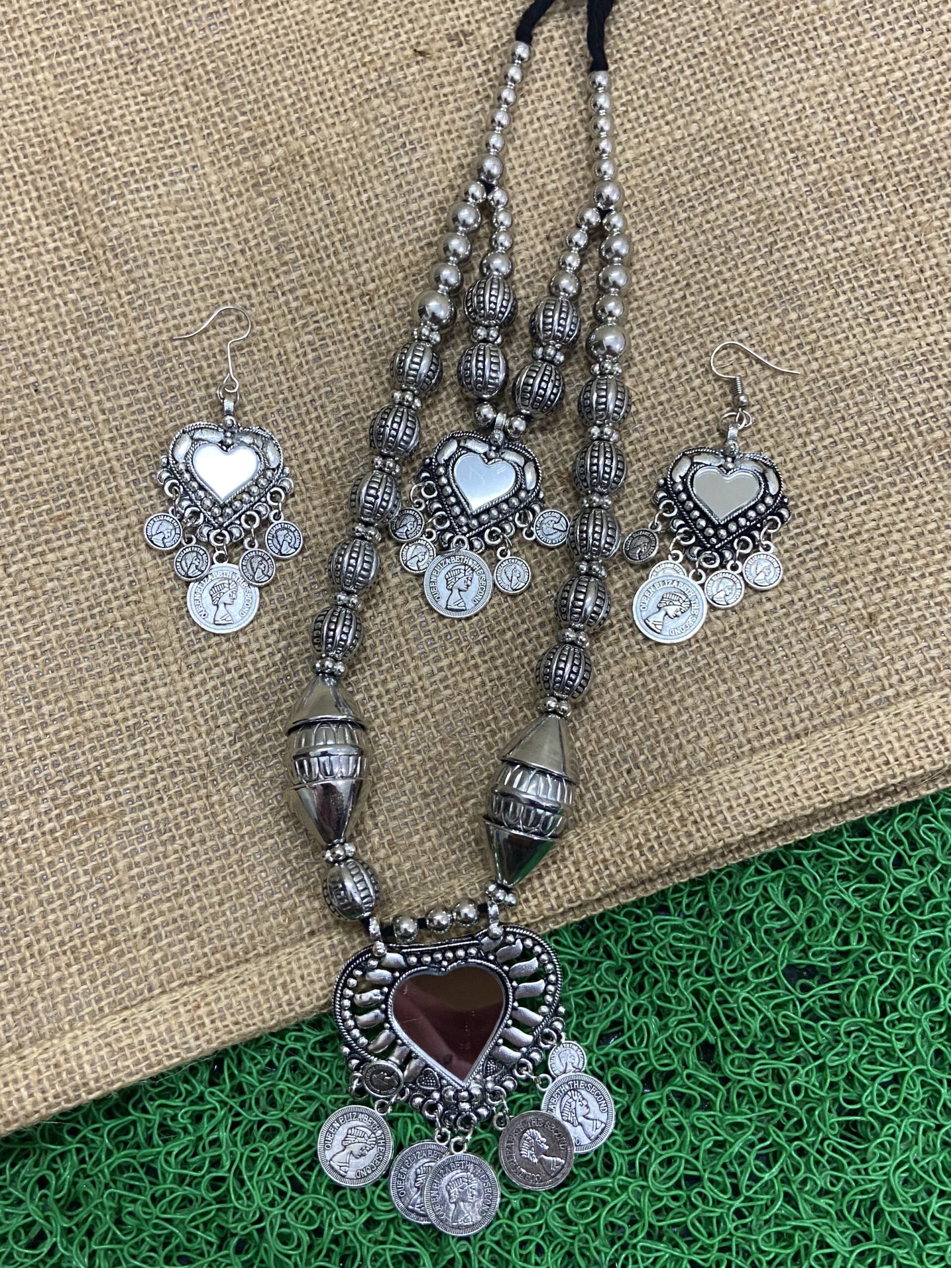 Oxidise Long Double Necklace With Coin Hanging