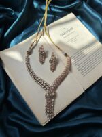 AD and Moissanite Tie Necklace Set With earrings - Pink - Image 4