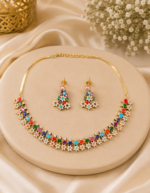 Navratan Pearl Necklace Set With Earrings - Multi