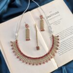 AD Mehendi Polish Necklace Set With Earrings and Mangtika - Ruby