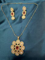 Long Matar Chain With Polki Kundan Pendant with earrings - Ruby - Image 5