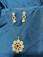 Long Matar Chain With Polki Kundan Pendant with earrings - Ruby - Image 4