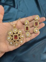 Long Matar Chain With Polki Kundan Pendant with earrings - Ruby - Image 7