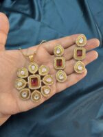 Long Matar Chain With Polki Kundan Pendant with earrings - Ruby - Image 6